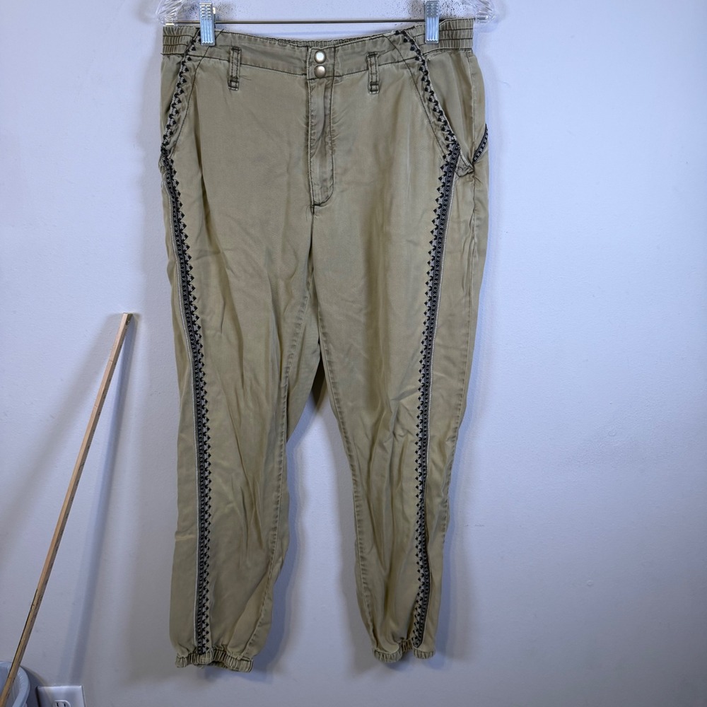 Anthropologie Womens Jogger Pants Embroidered Trim Khaki Size M Flawed